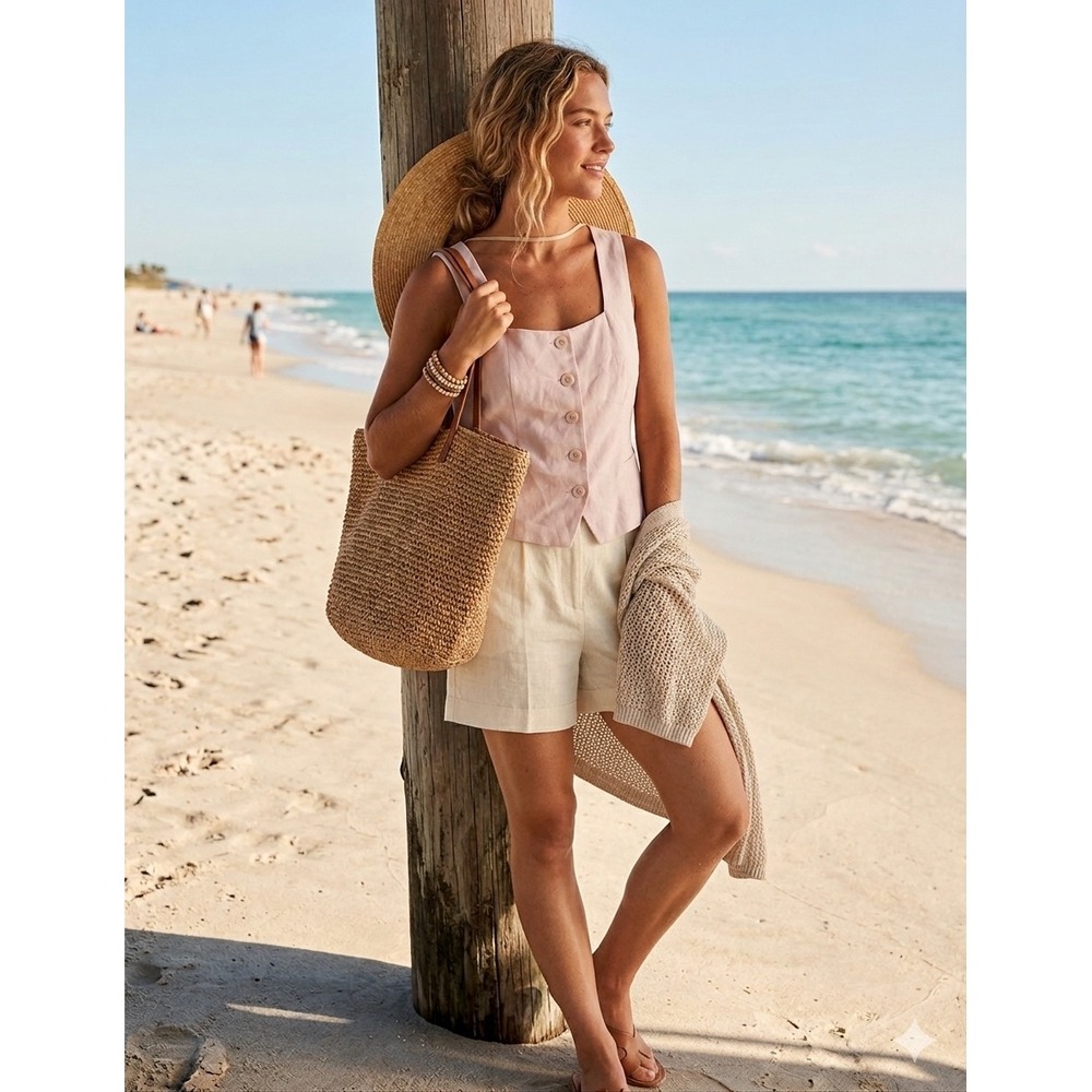Abercrombie Blush Pink 🩷Square Neck Button Up Tailored Vest Top Linen Blend M